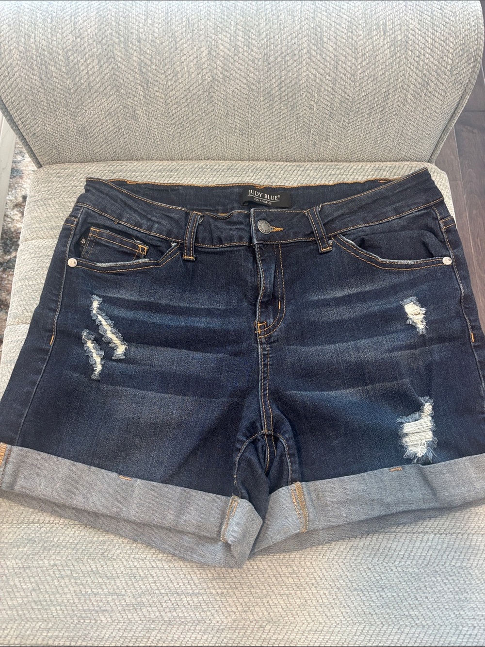 Judy Blue Dark Indigo Distressed Rolled Hem Jean Shorts
